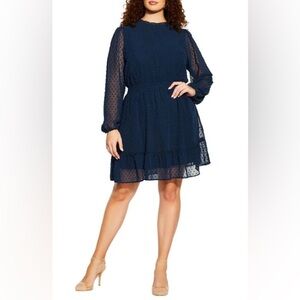 City Chic Tiered Sheer Long Puff Sleeve Navy Blue Mini Smocked Dress XXL